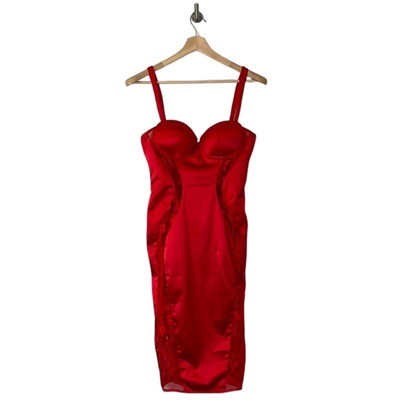 House of CB London Red Lace Satin Bustier Bodycon Dress Size Medium - Picture 3 of 16
